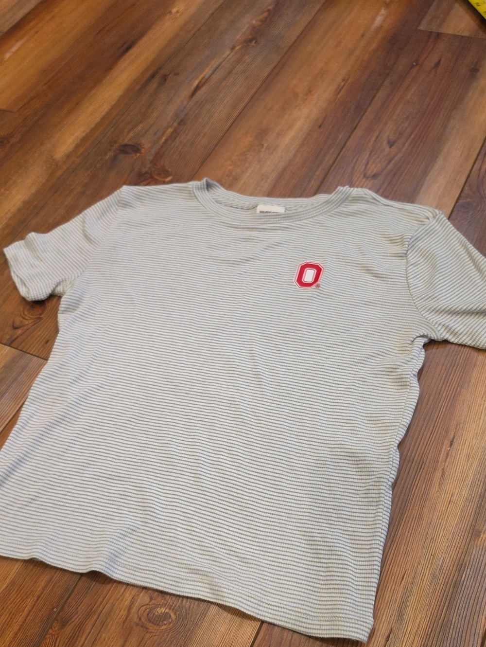 Victoria's Secret gray and White Striped Short-Sleeve Tee with ohio state logo